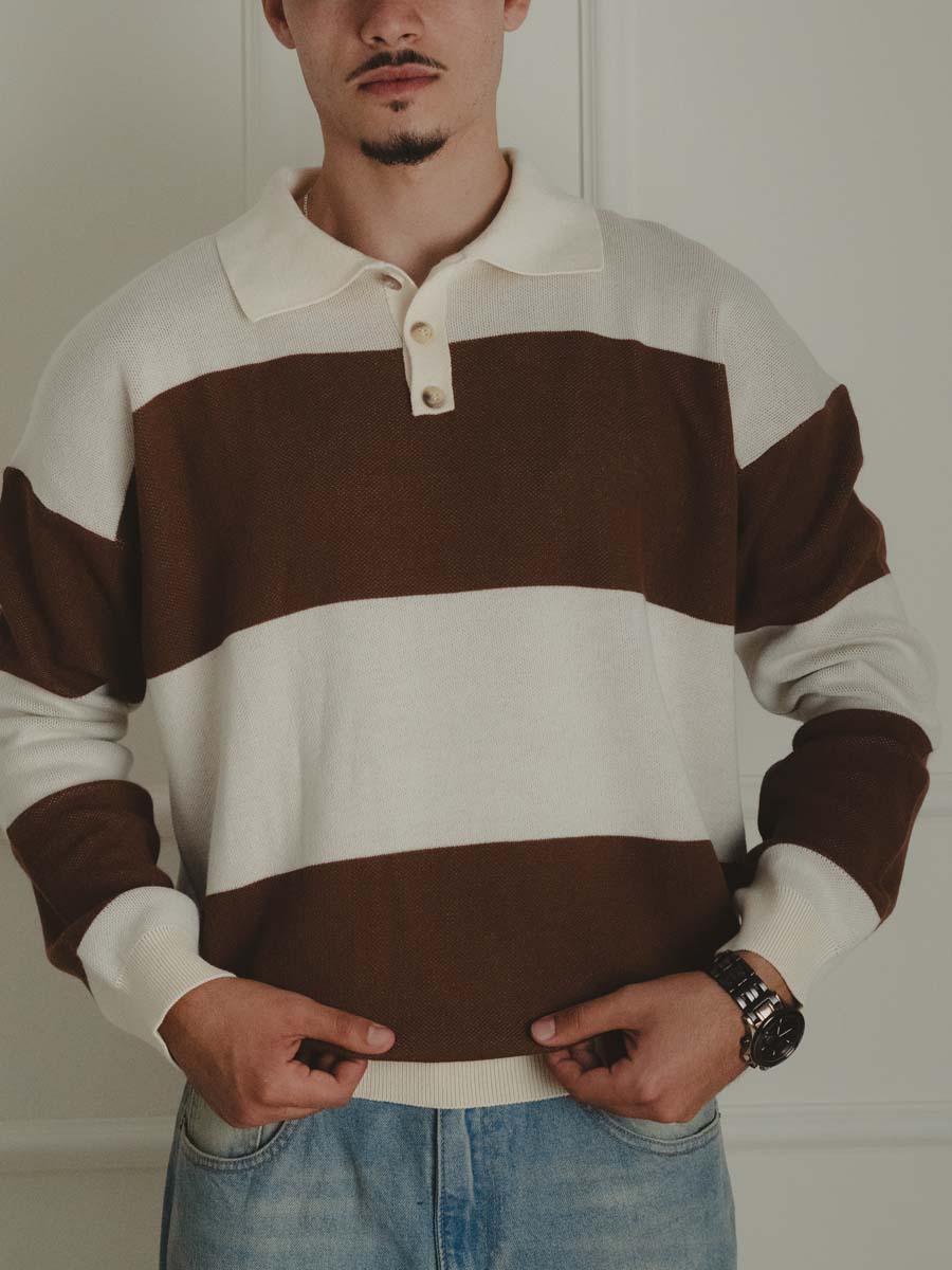 Brown Striped Knit Polo